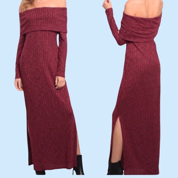 Dresses & Skirts - BURGUNDY OFF THE SHOULDER RIBBED KNIT MAXI DRESS
